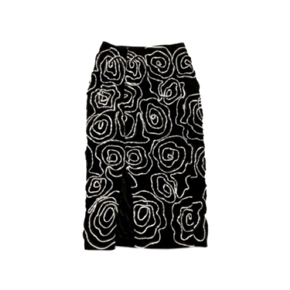 H&M Black & White Embroidered Swirl Pattern Midi Skirt With Back Split - Size 2 - Picture 3 of 8